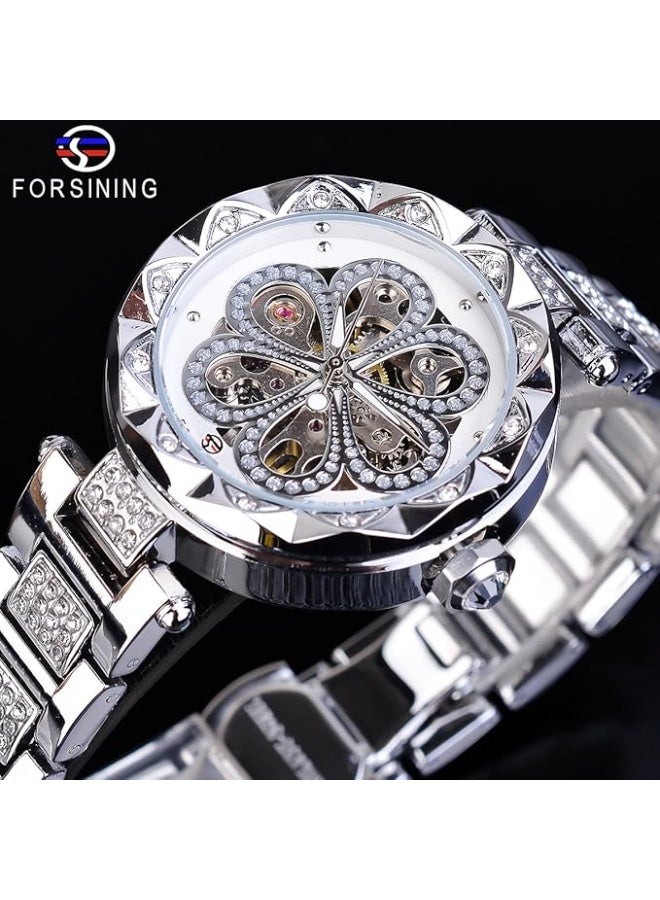 FORSINING Women Automatic Mechanical Watches Skeleton Steampunk Watch with Diamond and Carving Flower Craft Cold Watch for Women Minimalist Retro Design Mechanical Skeleton Wrist Watch - Image 3
